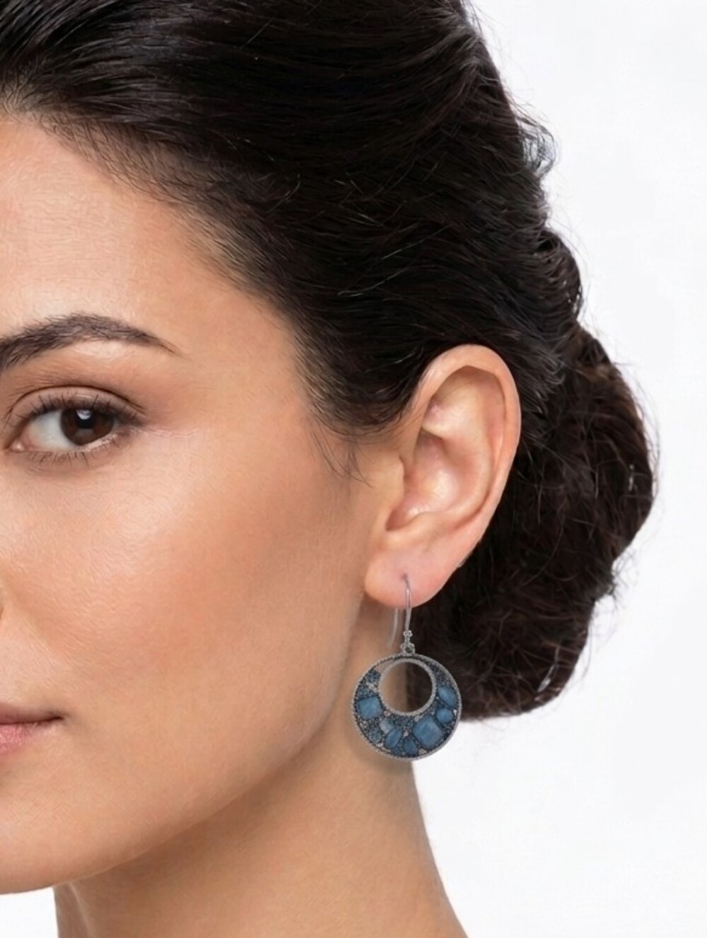H&M Mosaic Blue Rhinestone Crescent Hoop Earrings